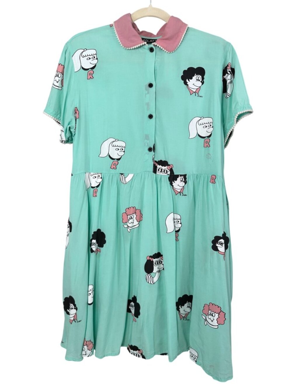 Lazy Oaf Mint Green Cartoon Dogs Mini Babydoll Dress Pink Pom Pom Collar S